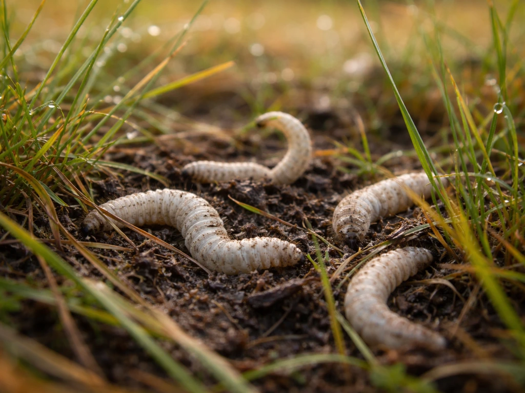 Witte, kronkelende emelten tussen nat gras met dauwdruppels, in een eenvoudige, close-up omgeving.