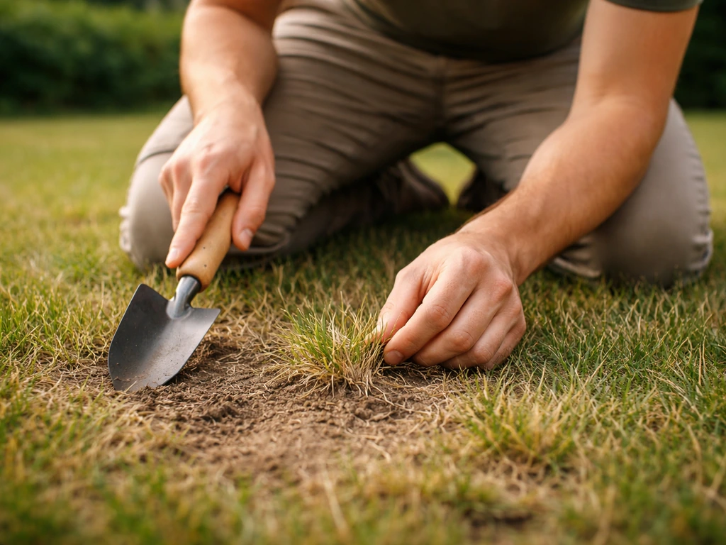 Iemand onderzoekt beschadigd gazon met een kleine schop en bekijkt dunne plekken in het gras