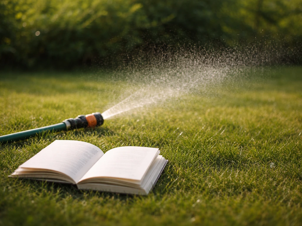 Gietende tuinslang naast een dichtbundel op gras; mix van tuingebruik en poëzie in één beeld.