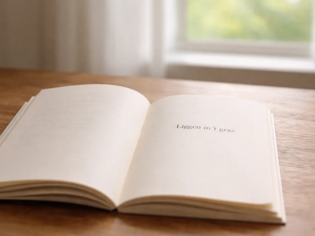 Open dichtbundel op een houten tafel, met duidelijke titelpagina van “Liggen in ’t gras”.