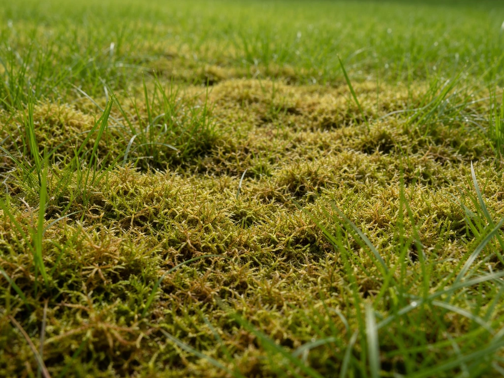 Close-up van viltige mos tussen het gras in een Nederlands gazon, met duidelijke kleur- en textuurcontrast.