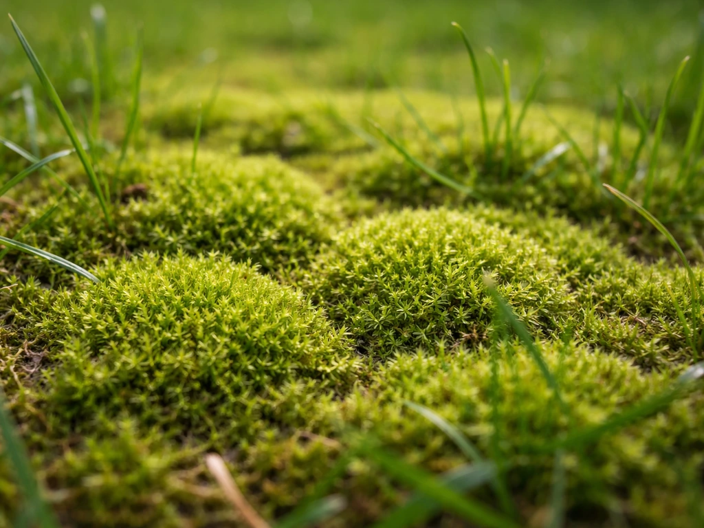 Grof mos in een gazon, dicht en zacht, groen tot geelgroen tussen het gras met zichtbare kussensstructuur