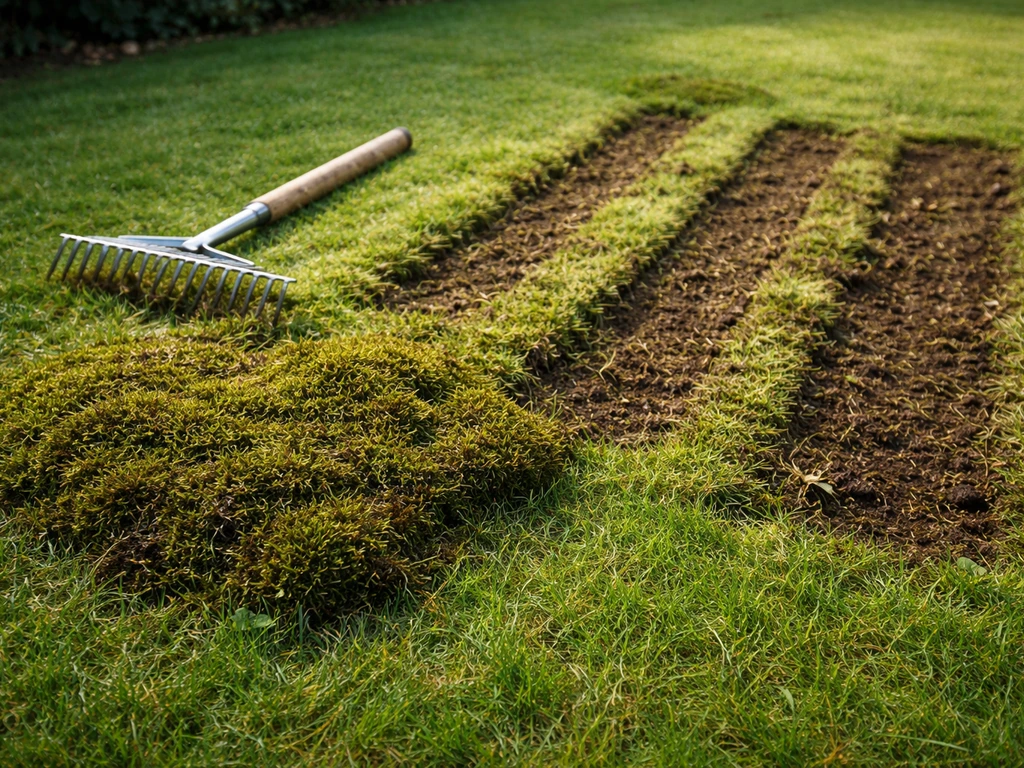 Kort gemaaid gazon met zichtbare uitgeharkte stroken en uitgehaalde mosplek, klaar voor verdere verbetering