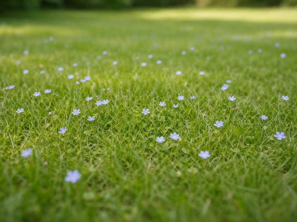Nederlands gazon met blauwe bloemetjes tussen het gras, close genoeg om het probleem direct te herkennen.
