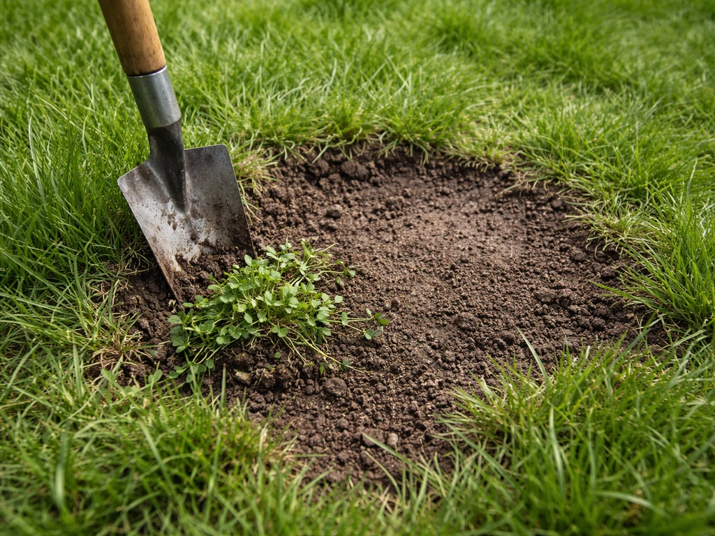 Handmatig draadereprijs uitgraven in het gras met een onkruidsteker en een kale plek met omringende grasmat.