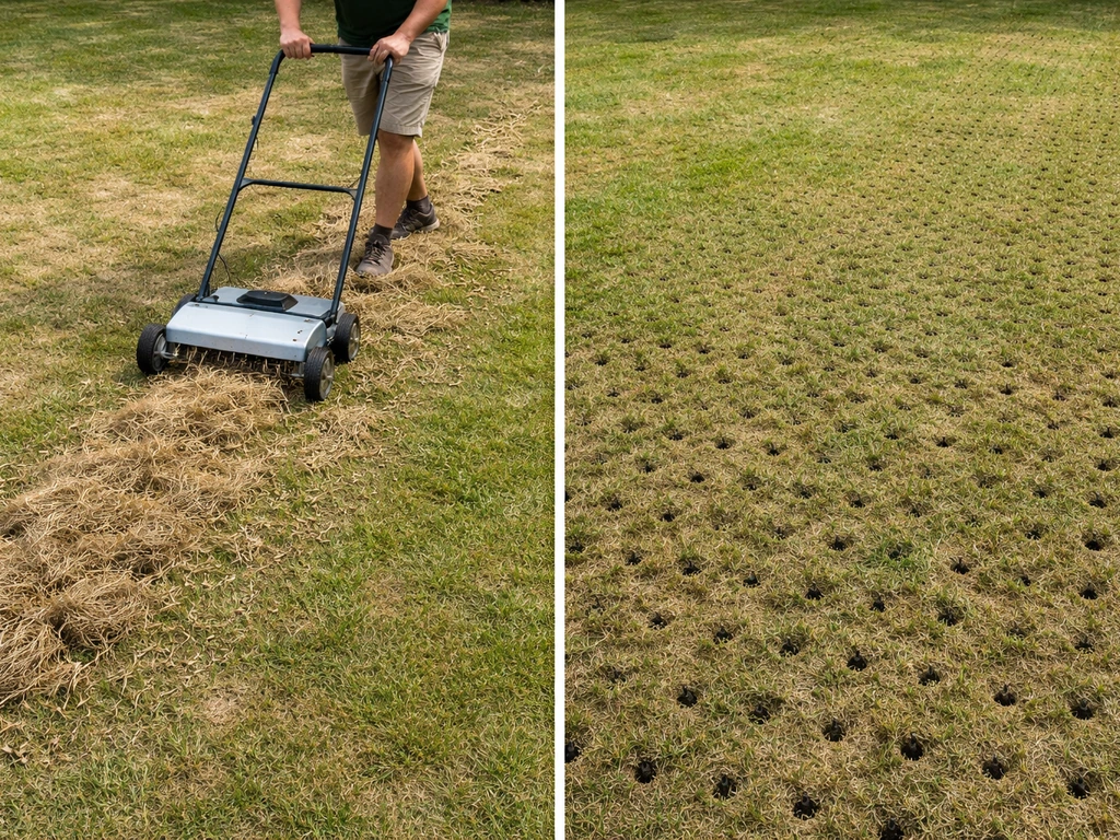 Groene gazonmat die verticuteert en vervolgens belucht wordt, met zichtbaar vilt en beluchtingsgaatjes.