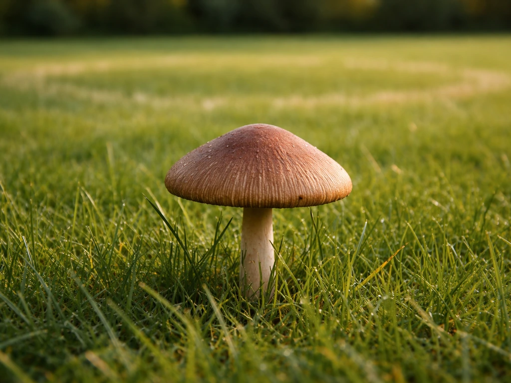 Bruine paddenstoel in het gras met een subtiele heksenkring van verkleurd gras op de achtergrond.