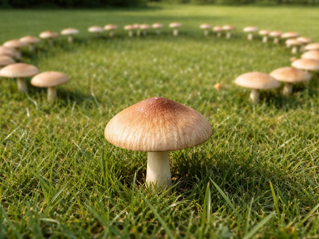 Bruine weidekringzwam in het gras met duidelijke heksenkring van meerdere paddenstoelen eromheen.