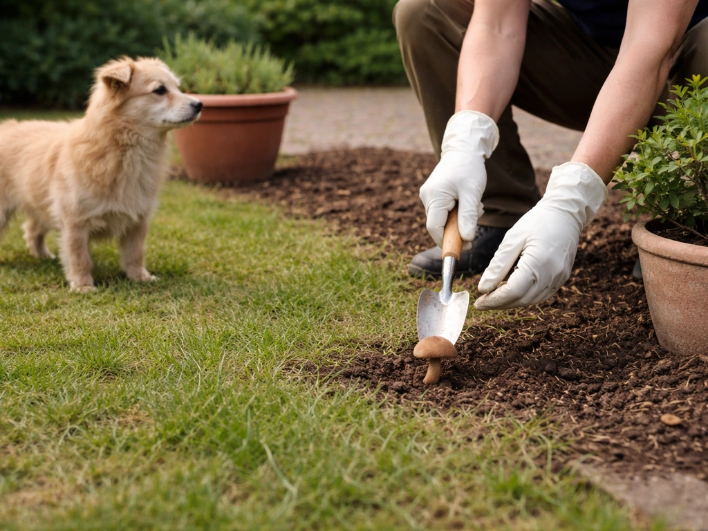 Iemand met handschoenen houdt een kleine paddenstoel op afstand terwijl een hond veilig achterblijft