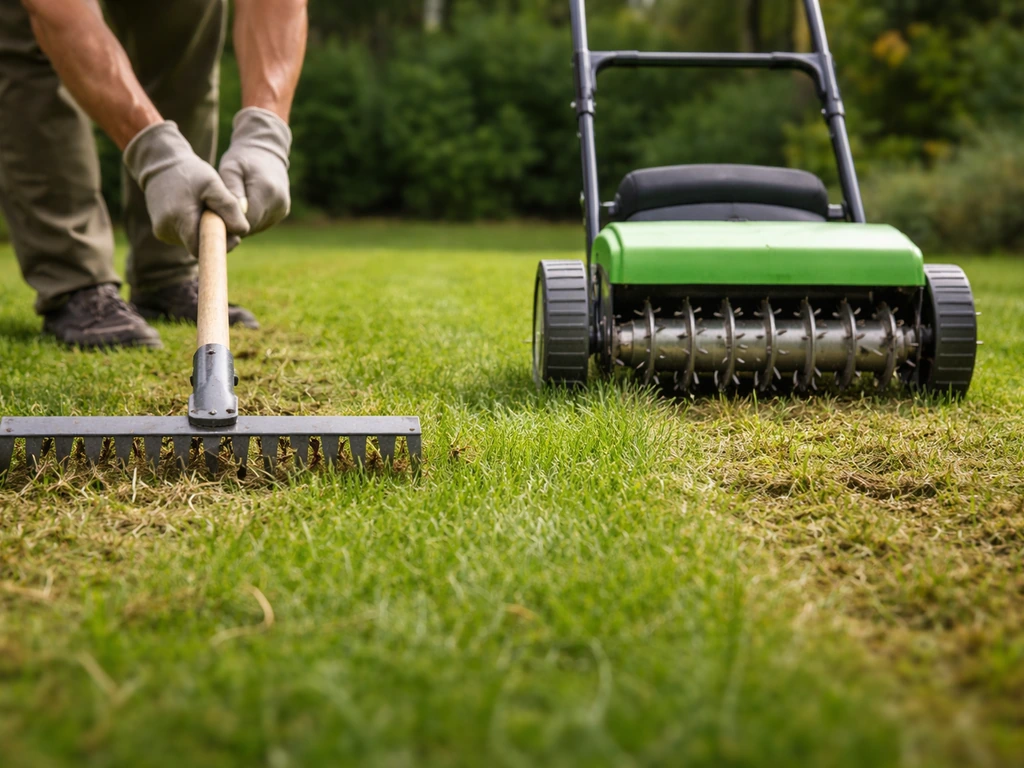 Man die een verticuteer- en beluchtingsbehandeling op een gazon doet met eenvoudige tuinmachines.