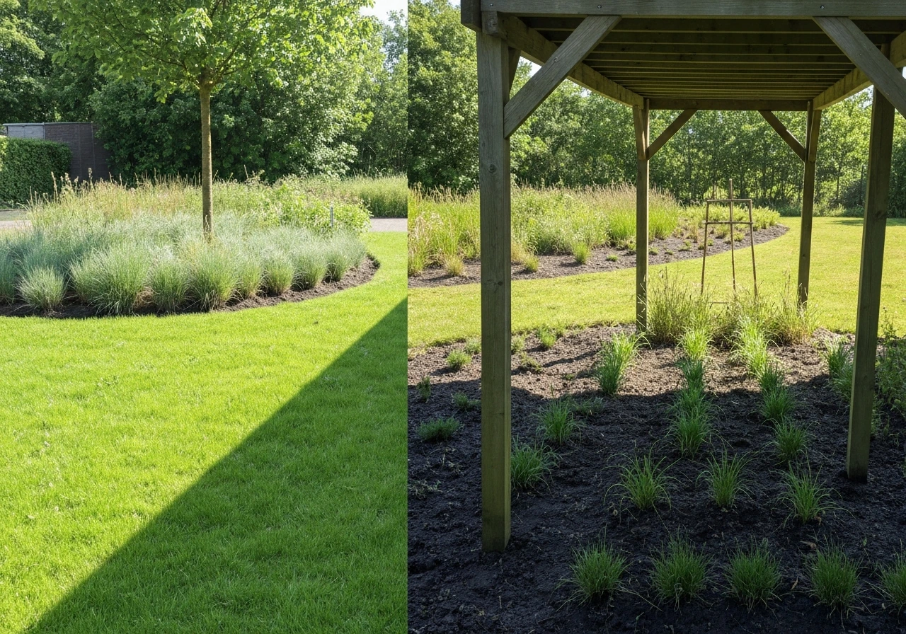 Voorbeeld van een tuin met zonnige en schaduwrijke zones en een duidelijk verschil in bodem en betreding.
