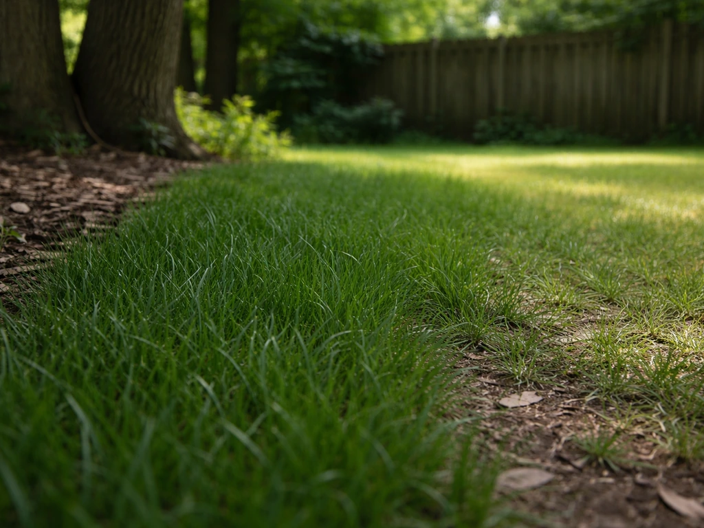 Schaduwrand van een gazon onder bomen, met gezond rood- en schaduwtolerant gras naast een houten schutting.