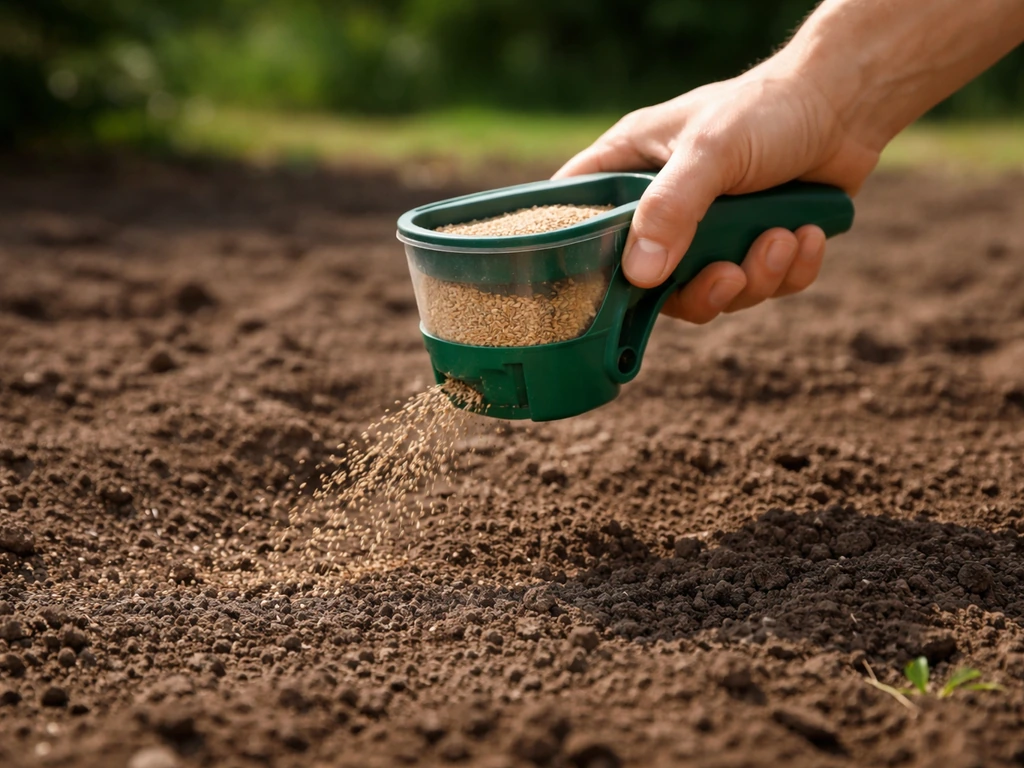 Hand die graszaad uitstrooit op kale grond met zichtbaar voorbereidend harkwerk