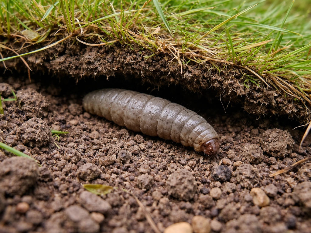 Grijze Tipula-emelt net onder een opgetilde graszode, met zichtbare bodemtextuur en grasdetail.