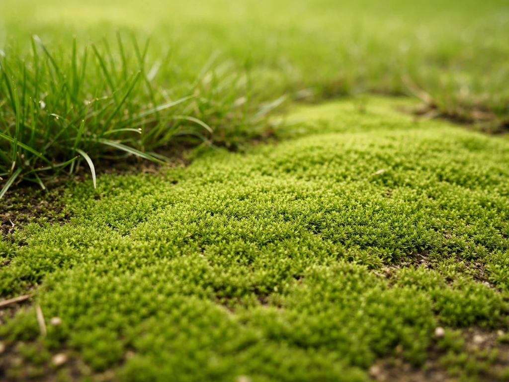 Close-up van groen mos als dicht tapijt tussen gras in een gazon, met duidelijk zichtbare structuur.