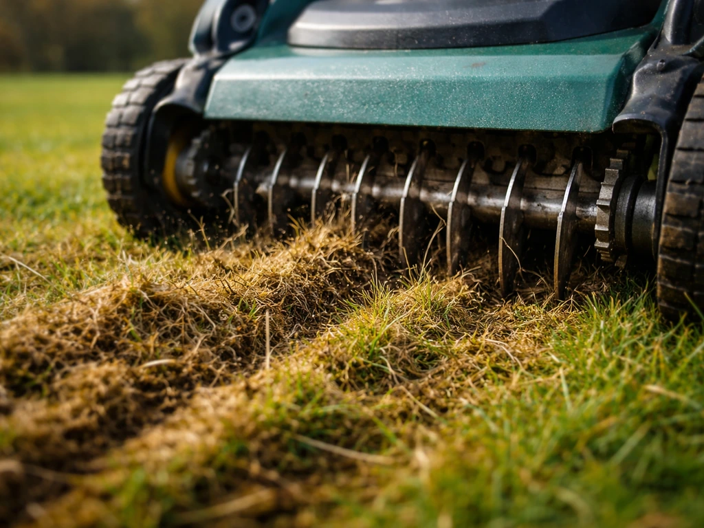 Verticuteermes snijdt door het voorjaar-gazon en laat zichtbaar vilt en mosresten op de grasmat achter.