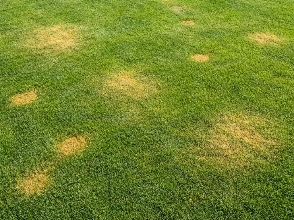 Bovenaanzicht van een gazon met meerdere gele plekken, deels droogte-achtig en deels scherp begrensd.