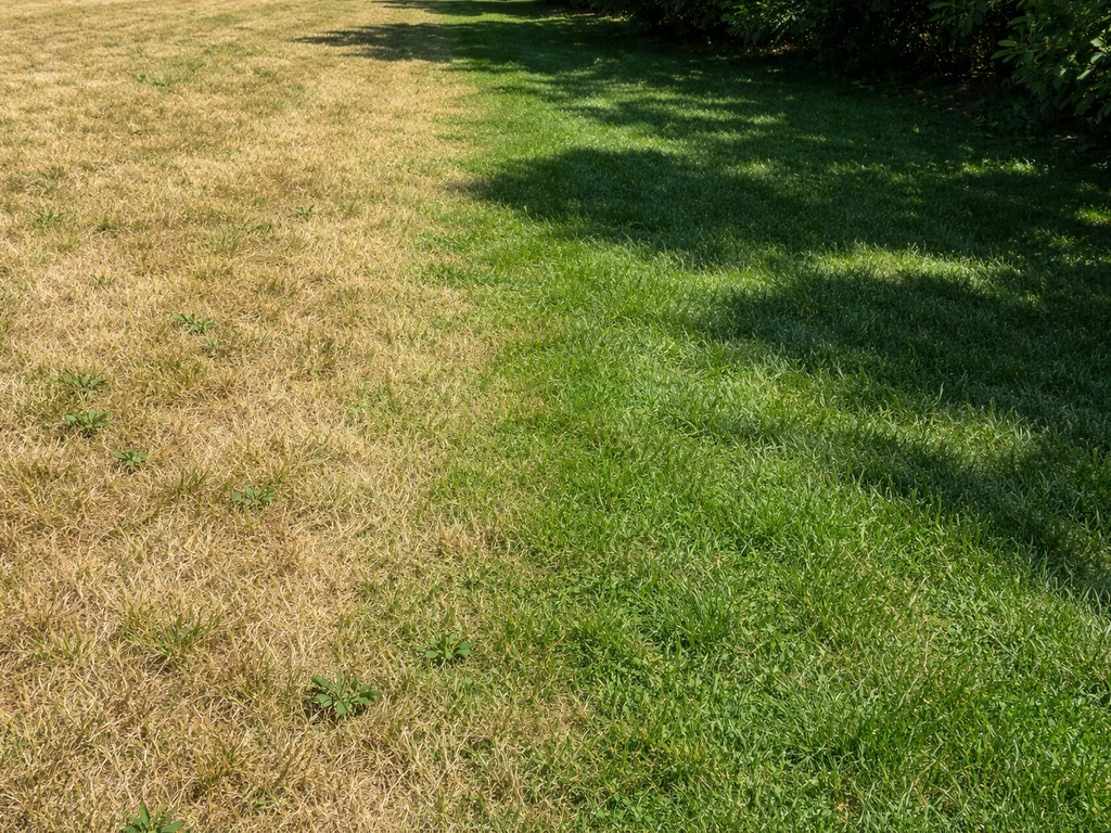 Gazon met links vergeeld, uitgedroogd gras en rechts schaduwrijke, minder groene plekken.