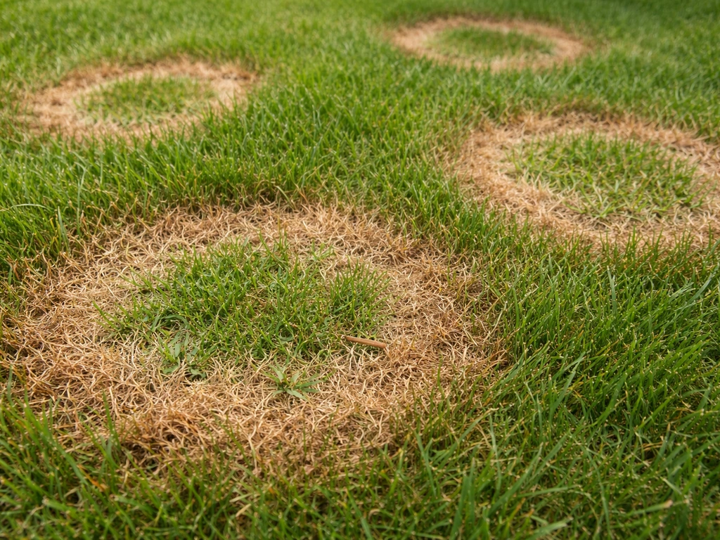 Close-up van een gazon met bruine, scherp begrensde ringvormige grasziekteplekken en groen herstel in het midden.