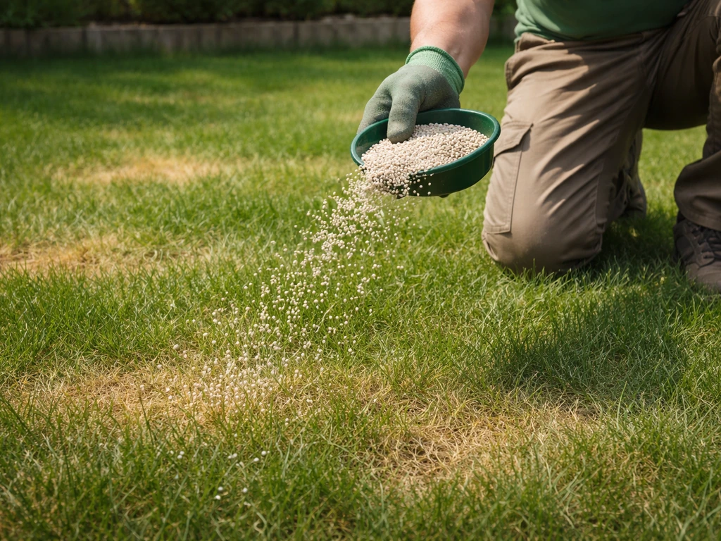 Anonieme tuinier strooit korrelmest op een gazon met gele vergeelde plekken.