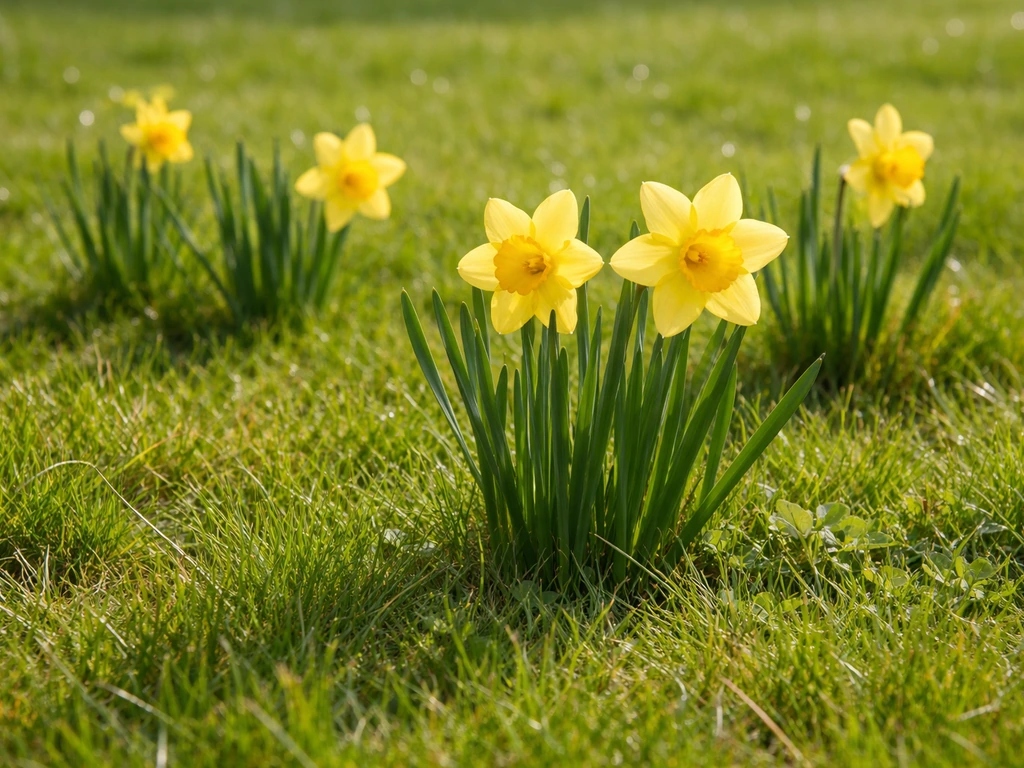 Voorjaarsnarcissen tussen het gras in een Nederlands gazon, met zichtbare groene bladeren en bloemen
