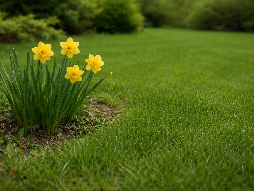 Narcissen tussen het gras met scherp detail op bloem en blad, met een duidelijke gezonde gazonrand ernaast