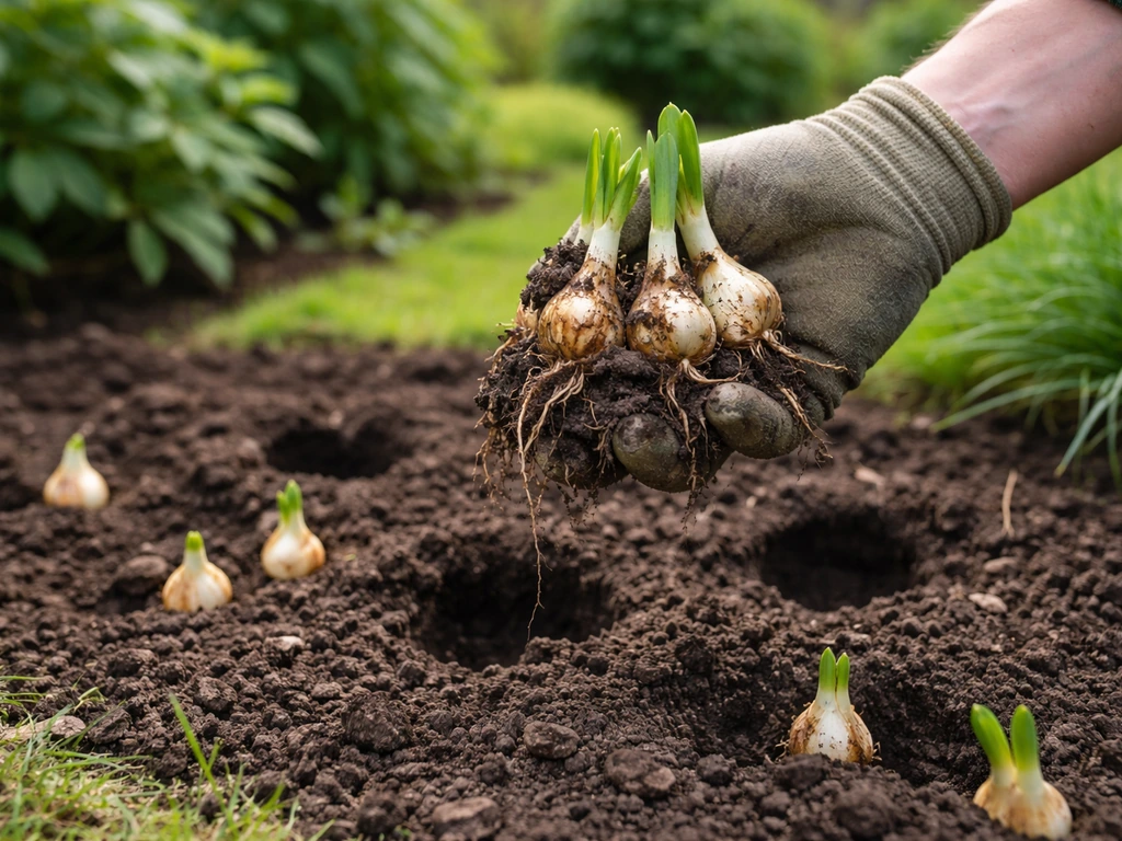 Hand pakt uitgegraven narcissenbollen en plant ze terug in een voorbereid borderbed in de tuin.