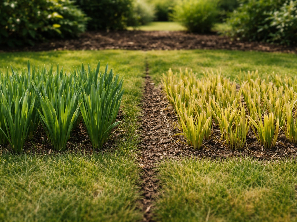 Twee stroken gazon met narcissen: links te vroeg gemaaid groen blad, rechts juist gemaaide geel/verwelkte bladeren.