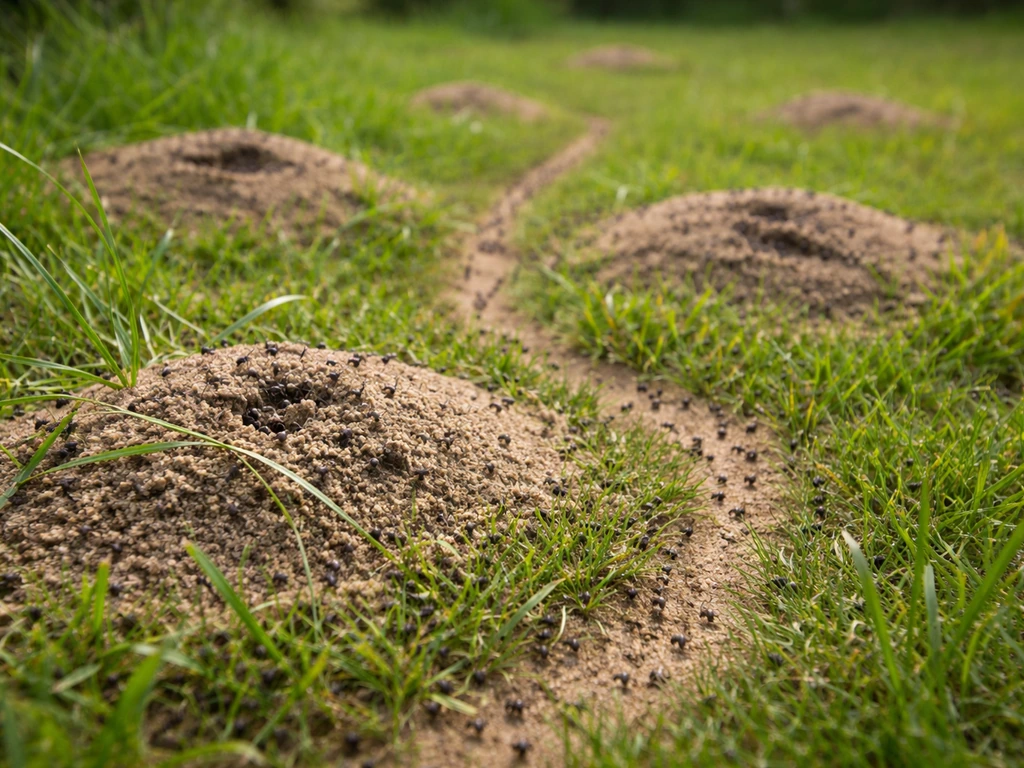 Close-up van mierenhoopjes in Nederlands gazon met mierenlooproutes tussen het gras.