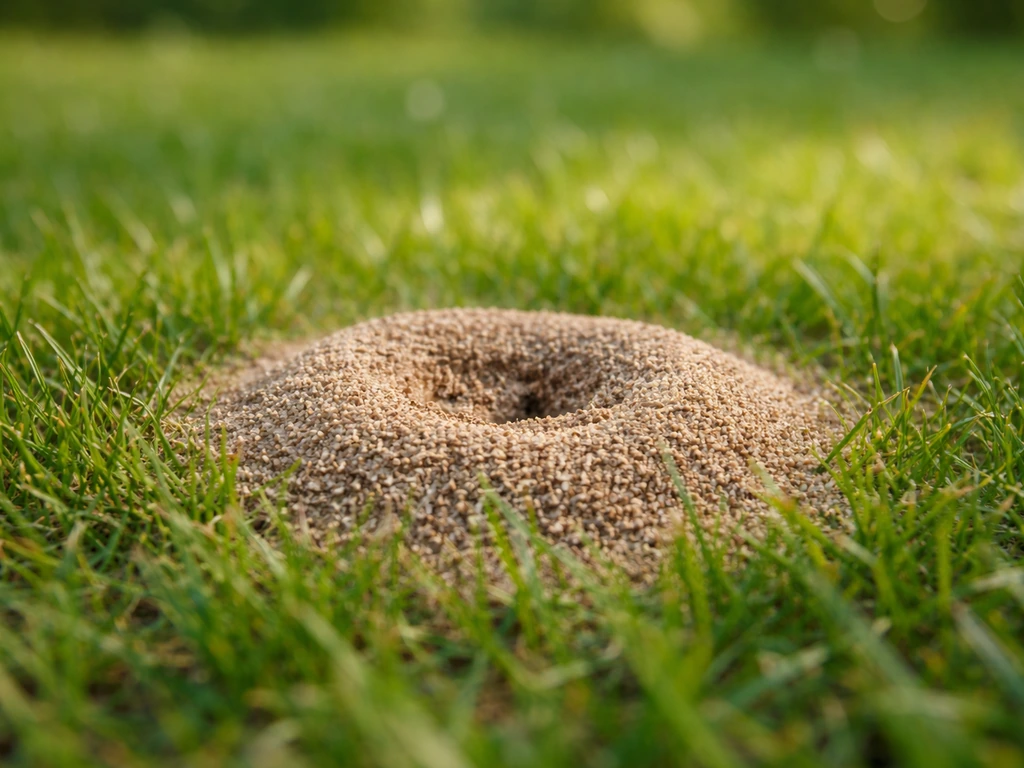 Close-up van een klein mierennest met een zandhoopje in het gras, met fijne losse zandkorrels zichtbaar.