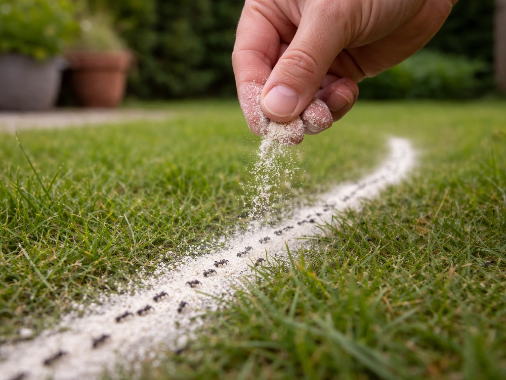 Hand strooit kiezelguhr langs een mierenroute op gras in de tuin, close-up en minimalistisch.