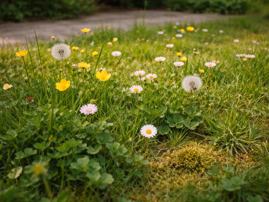 Bloemrijk tuinperkje met wild gras en gele bloemen, met klaver en wat mos tussen het gras.