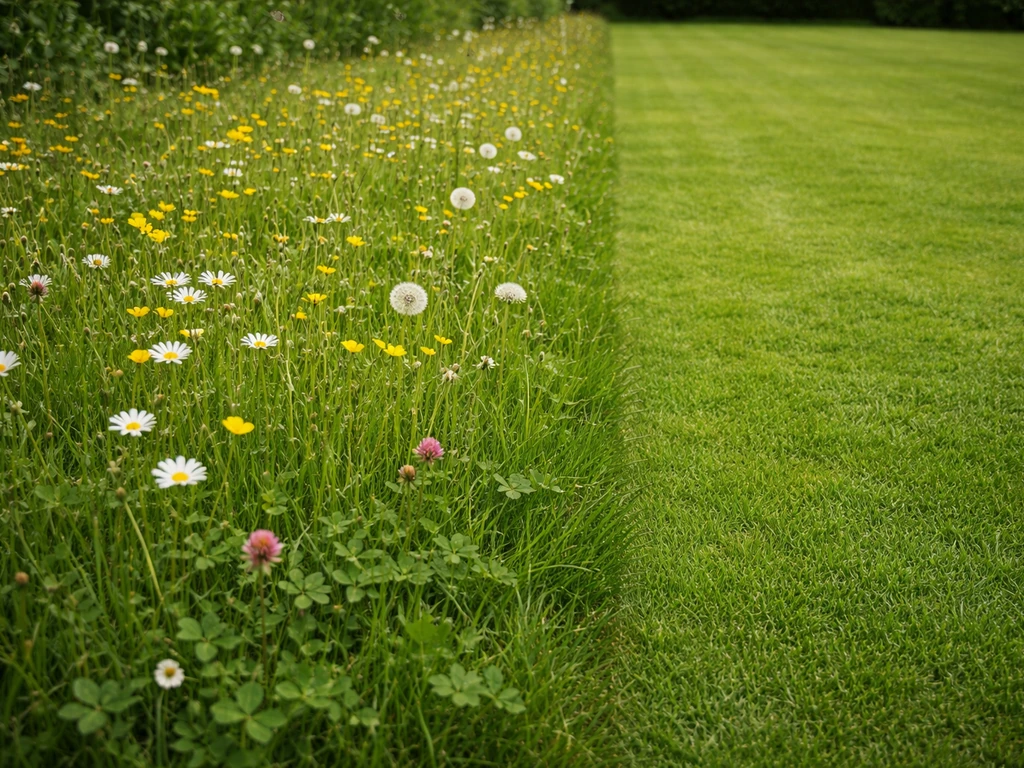Contrast in een tuin: een deel met wilde bloemen en vanzelf gras naast een strak, intensief gemaaid gazon.