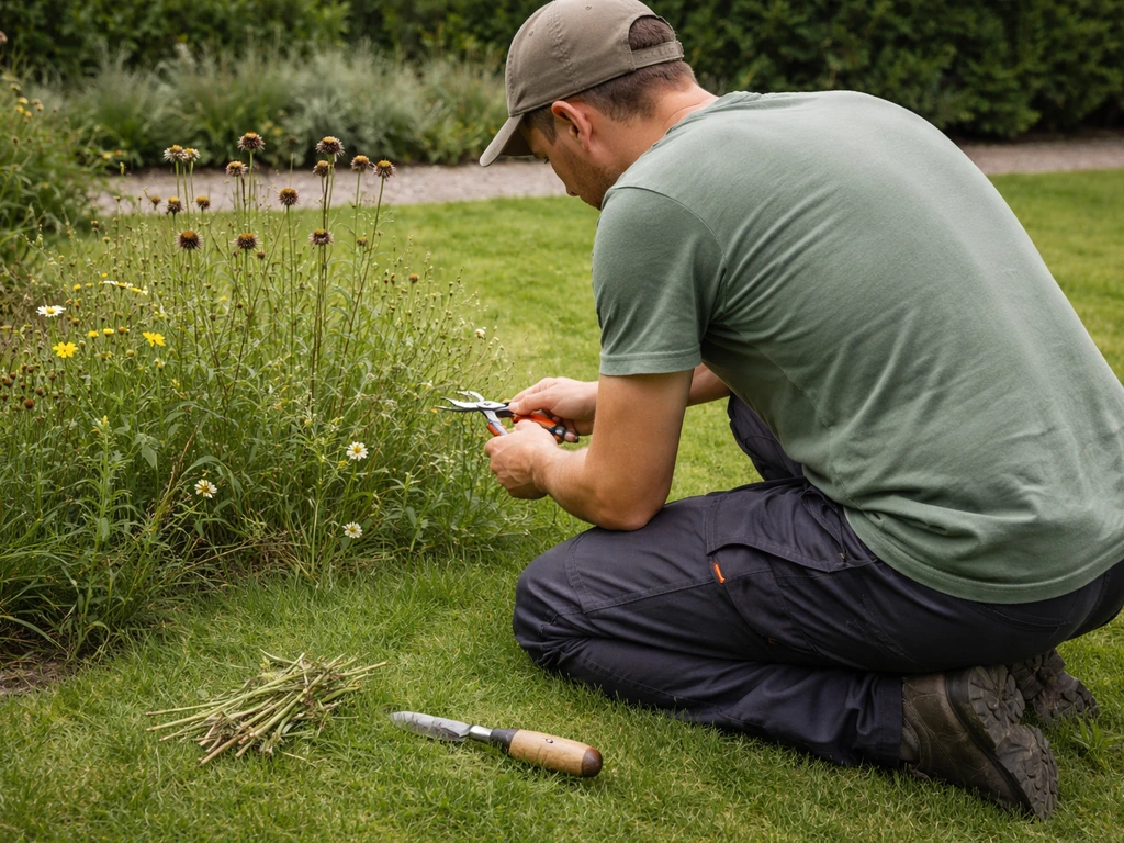 Iemand inspecteert knielend een gazon met tuinschaar bij uitgebloeide bloemen in een rustige tuin.