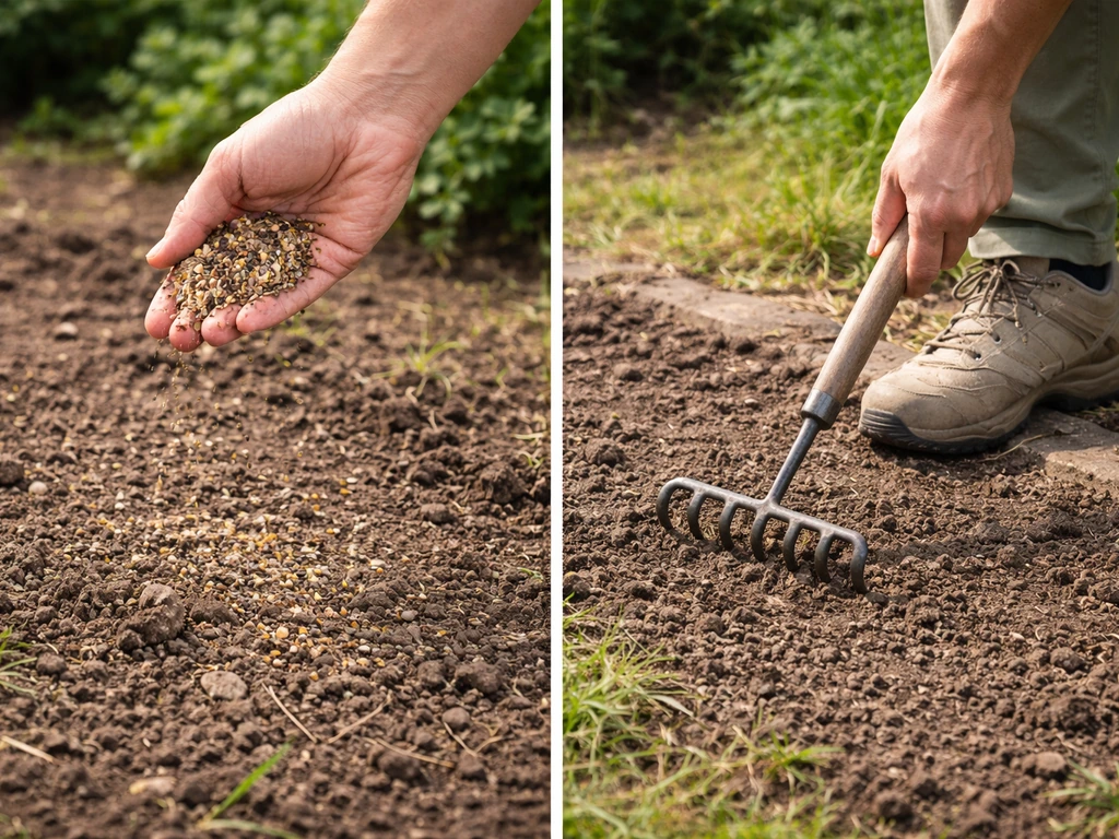 Hand strooit wildbloemenzaad op kale grond in een tuin, gevolgd door kort aanharken/vastrappen.