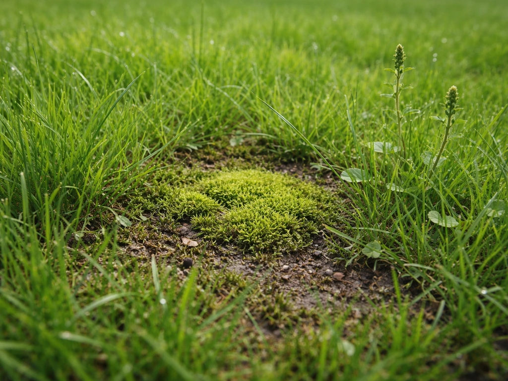 Close-up van een gazonplek met groen gras, een mosvlek en grasachtige onkruiden.