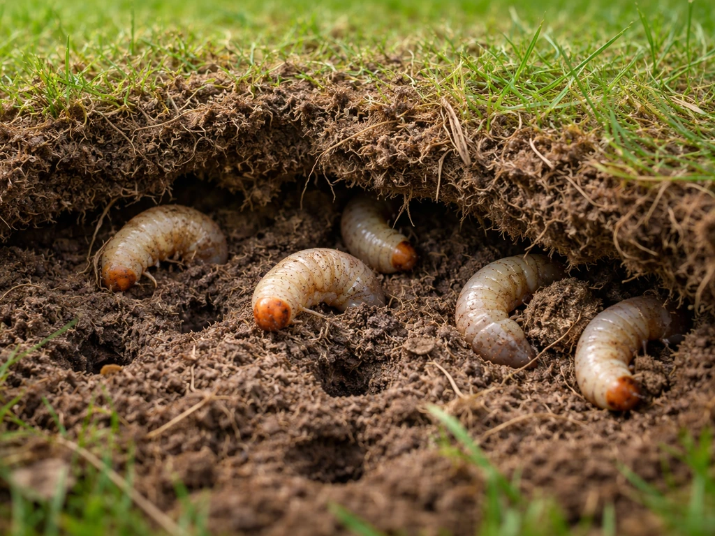 Close-up van graszoden met bruine larven in de toplaag, wat losse zode en ondergrondse schade suggereert.