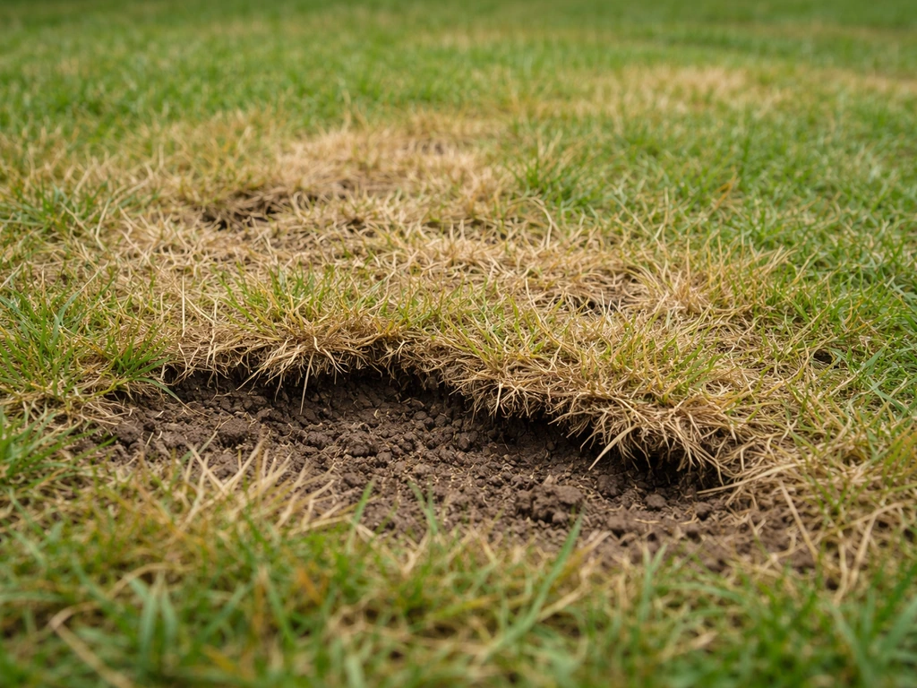 Geelbruine plekken in het gazon met losgetrokken zode door larven, met zichtbare grond eronder.