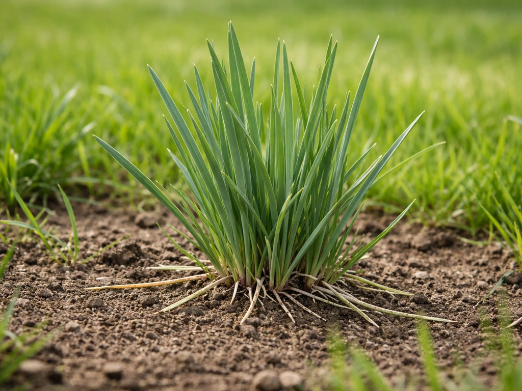 Close-up van blauwgroene kweek tussen nieuw gras, met zichtbare verspreiding in de bodem.