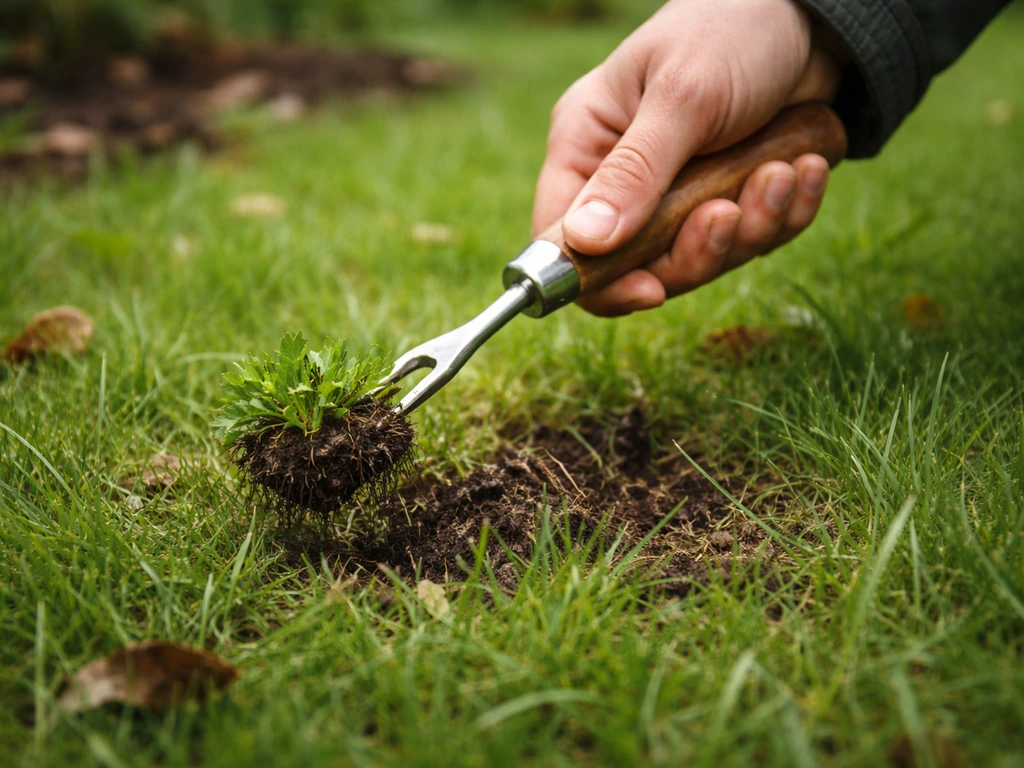 Close-up van een onkruidwiedhaak die onkruid uitsteekt tussen nieuw gras, met vochtige aarde na regen.