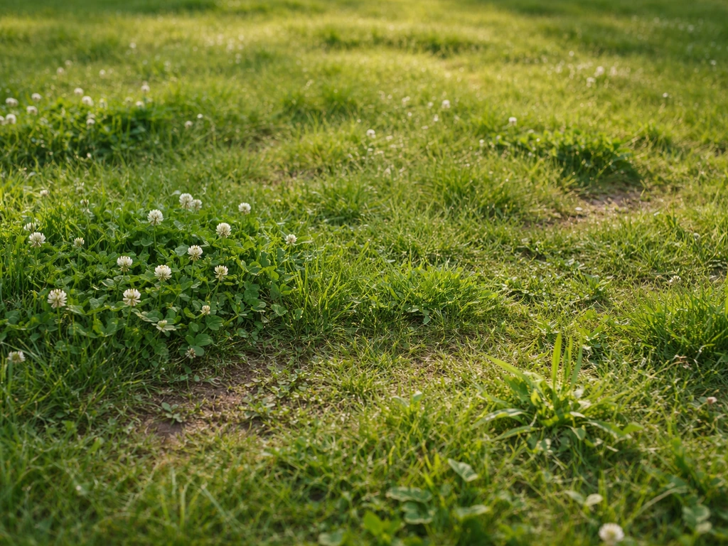 Gazon met gras en witte klaver/weegrbree die samen groeien, met lichte kale plekken en hergroei.