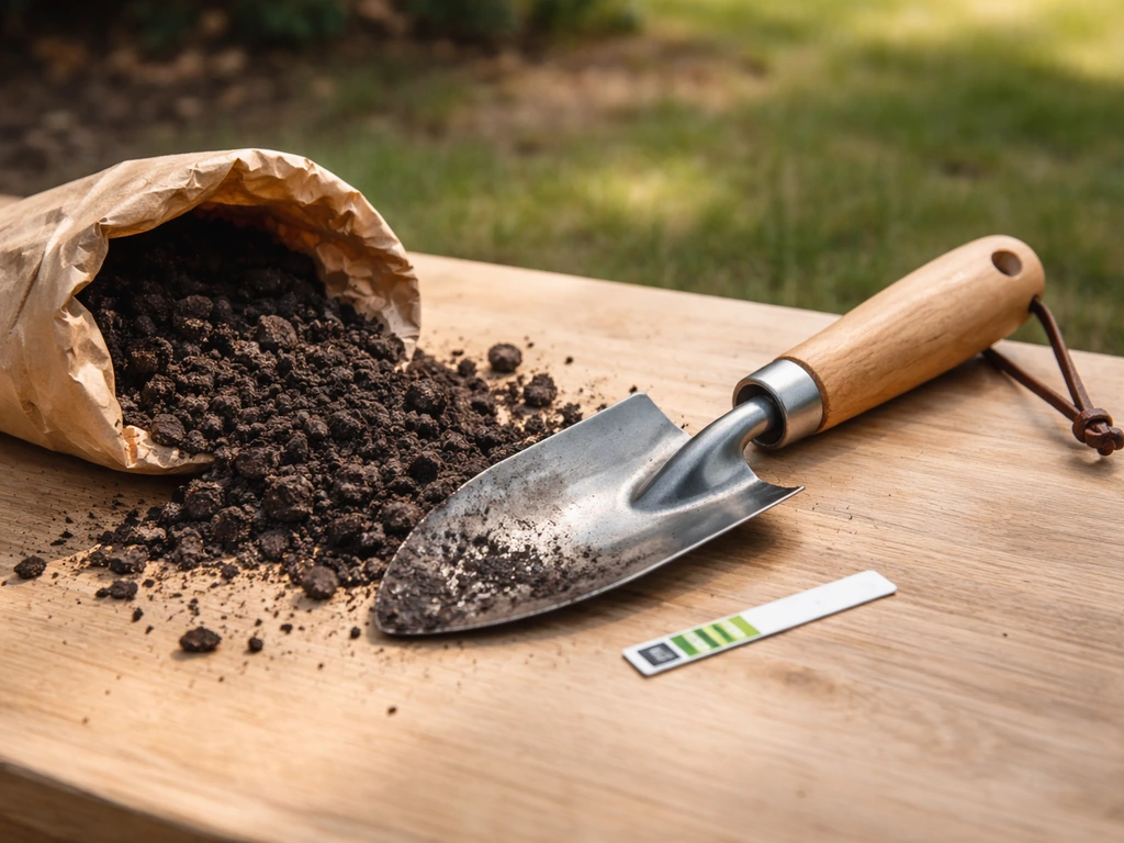 Kleine schep en pH-teststrip op een houten plank, met bodemmonster in een rustige tuin.