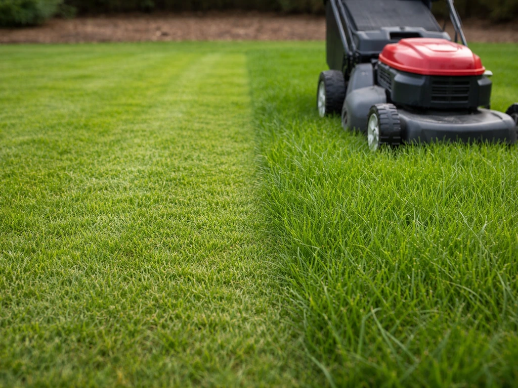 Tuingazon dat is gemaaid op 4–5 cm naast langer gras; een maaier toont het verschil in maaihoogte.