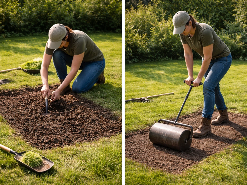 Anonieme tuinier bereidt een kaal stuk gazon voor, met harken, graszaad en een gazonrol in de tuin.