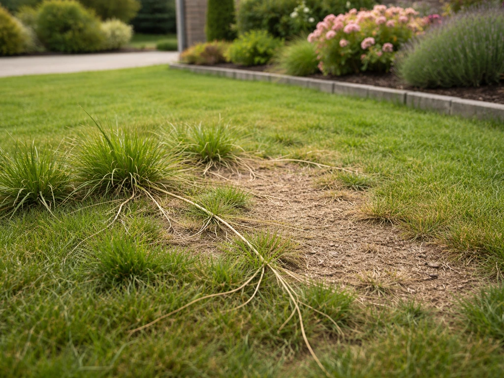 Voortuin met overgroeiend gras dat door het gazon richting border groeit, met kale plek als probleemindicatie.
