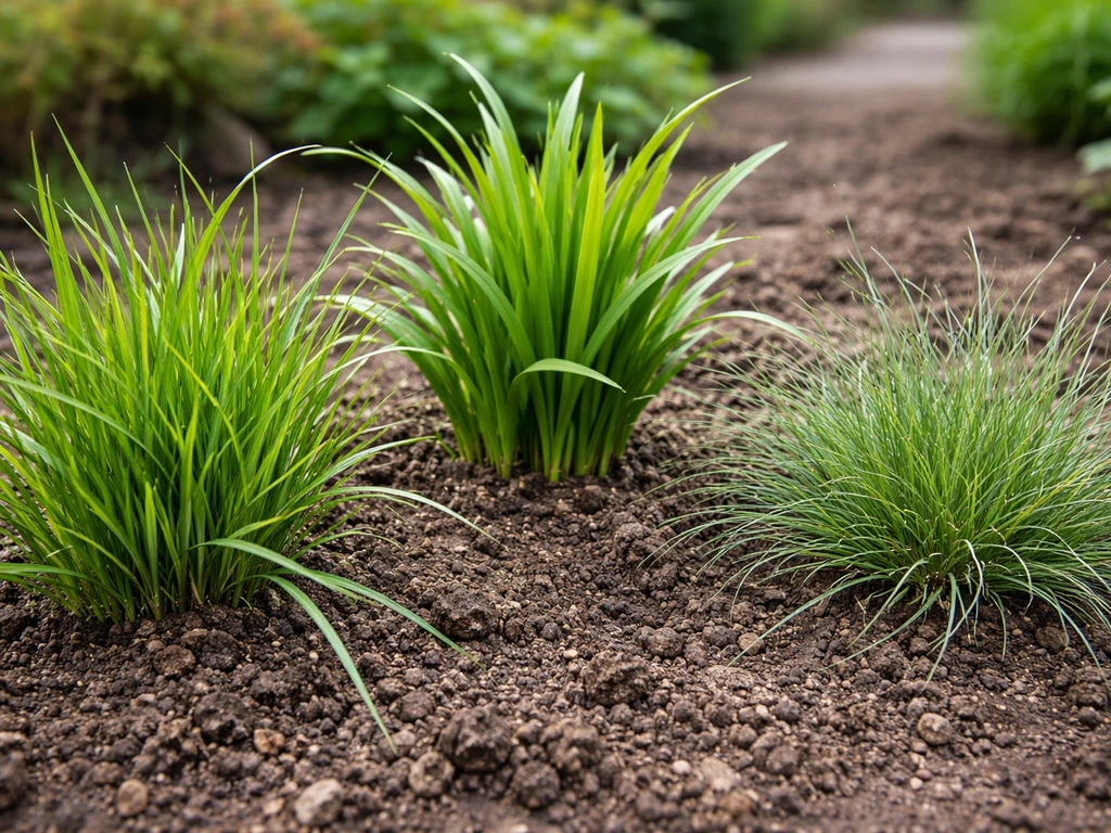 Close-up van verschillende grasachtige plantjes in een voortuin, met zichtbare bladvormen en textuur.