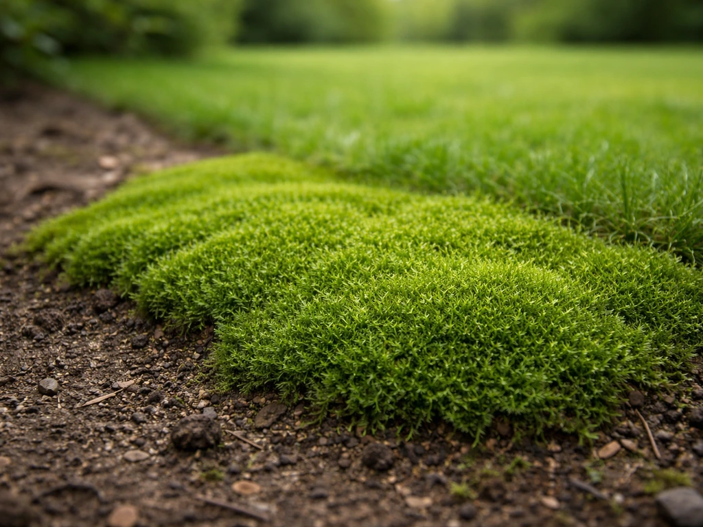 Mosachtige pol in de voortuin, als alternatief voor gras met een gras-achtige maar wortelloze uitstraling