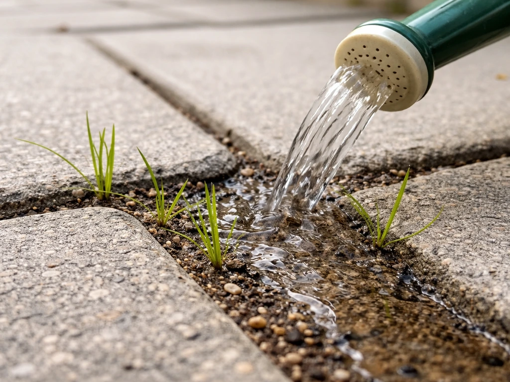 Kiemplantjes van onkruid tussen bestratingsvoegen, met water dat op de plek wordt gegoten.