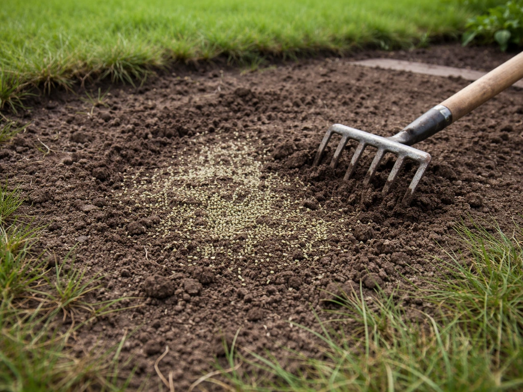 Kale plek in een voortuin met losgemaakte grond en bijzaaien voor herstel van gazon of border.