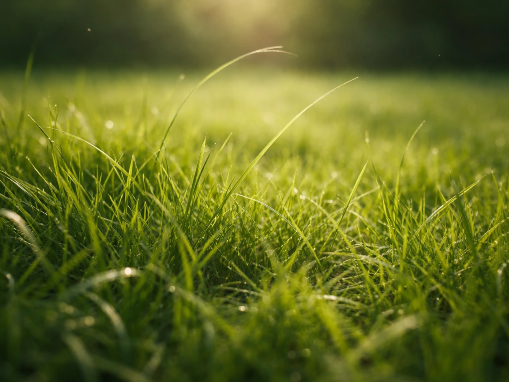 Close-up van dicht gras met omhoogstaande plukjes, alsof je net gaat liggen in de tuin